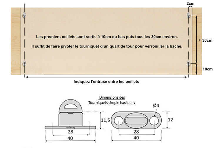 Fixation par œillets ovales + tourniquets pour bâche terrasse